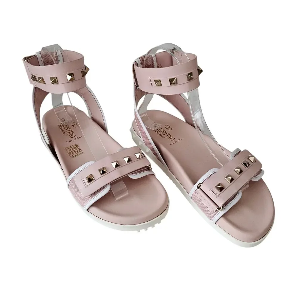 Valentino Garavani Rockstud Flat Ankle Strap Sandal Size 36 US 6 Pink Gold - Picture 1 of 10